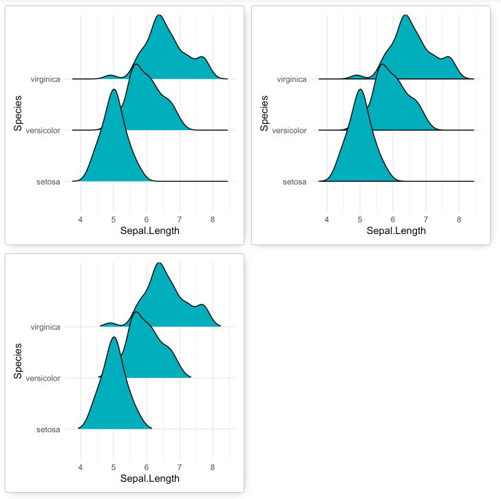 여러 스타일의 ridgeline plot 예시를 나란히 비교한 이미지