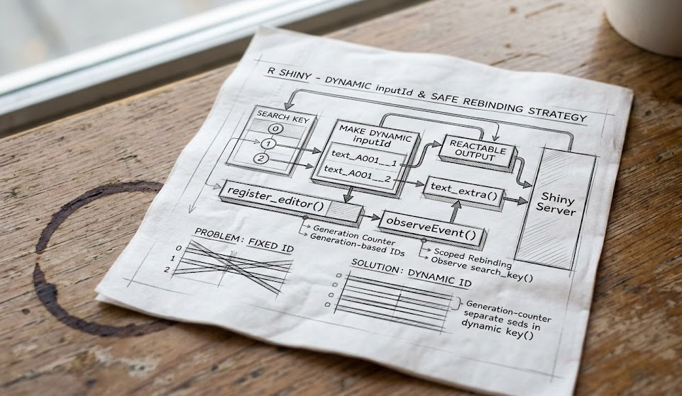 Shiny 동적 inputId와 안전한 리바인딩 구조를 설명하는 도식